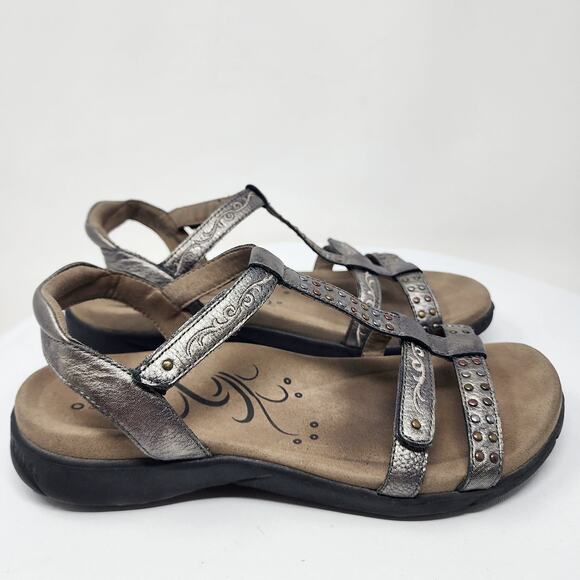 Taos Taos Replay Abeo Biosystem Sandals Women 10 Pewter Leather Stud Embroidered - Picture 3 of 15